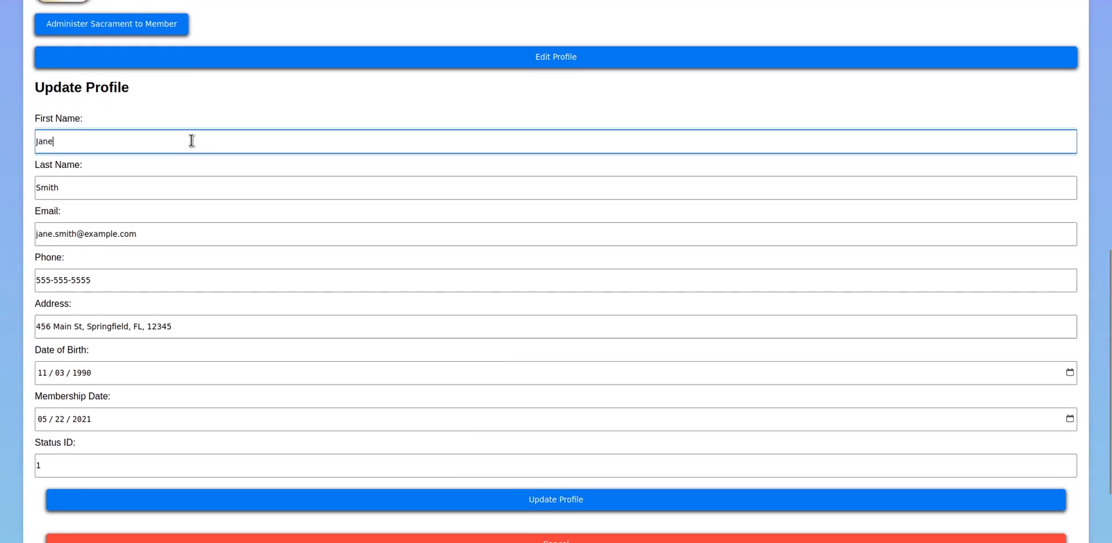 A profile being updated
